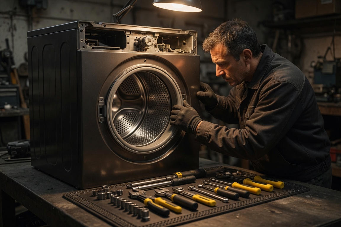 Technician repairing an open washing machine drum with tools laid out